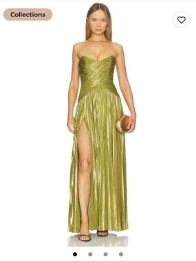 Retrofete Olive Metallic Strapless Plissé Gown